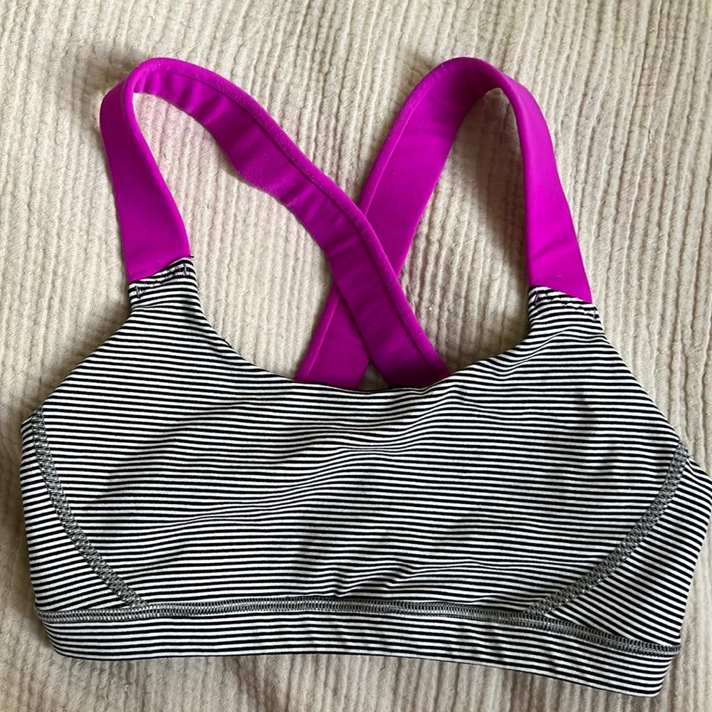 American Eagle Black and White Stripe Sports Bra with Pink Accent Size S
